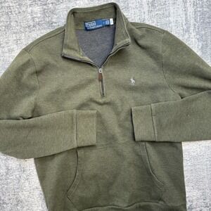 Polo Ralph Lauren Sweater Men Medium Green Double Knit Mesh Quarter Zip Pullover